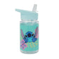 A clear plastic water bottle with a light blue flip-top lid and straw. The bottle features a colorful graphic of Disney's Stitch holding a pink hibiscus flower against a turquoise background.