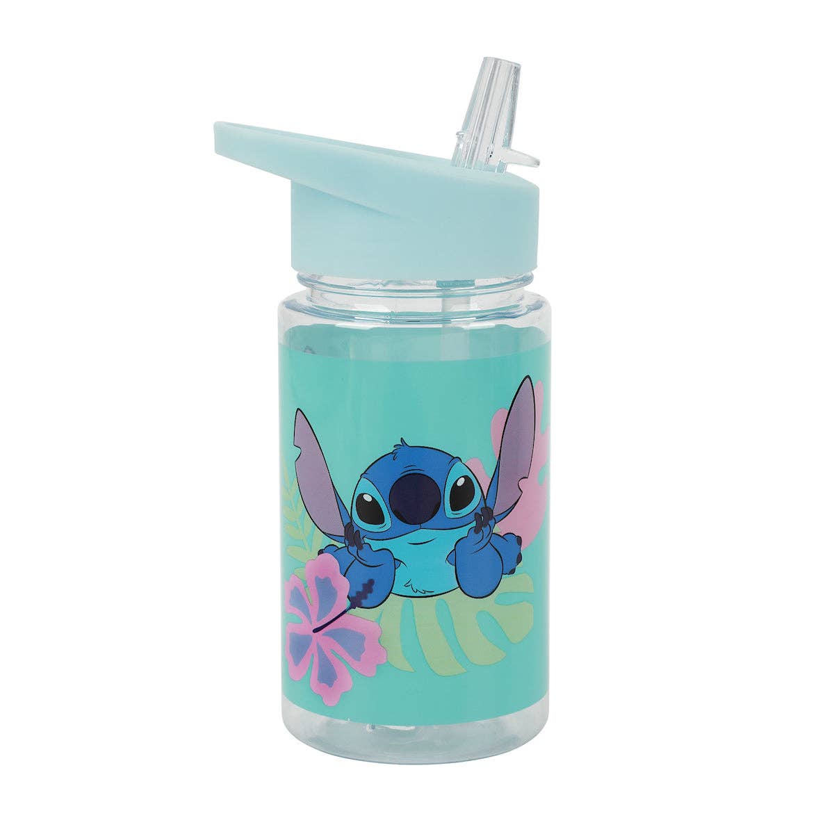 A clear plastic water bottle with a light blue flip-top lid and straw. The bottle features a colorful graphic of Disney's Stitch holding a pink hibiscus flower against a turquoise background.