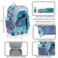 Backpack set with Stitch design, including lunch bag, water bottle, keyfob, and utility case, with measurements and features listed.