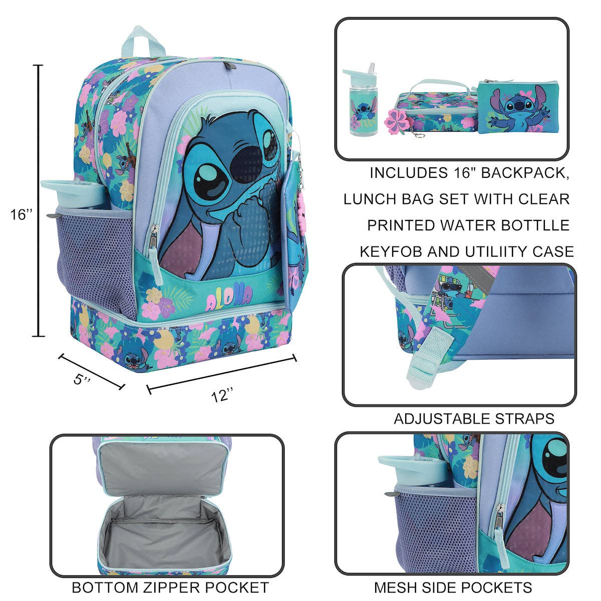 Backpack set with Stitch design, including lunch bag, water bottle, keyfob, and utility case, with measurements and features listed.