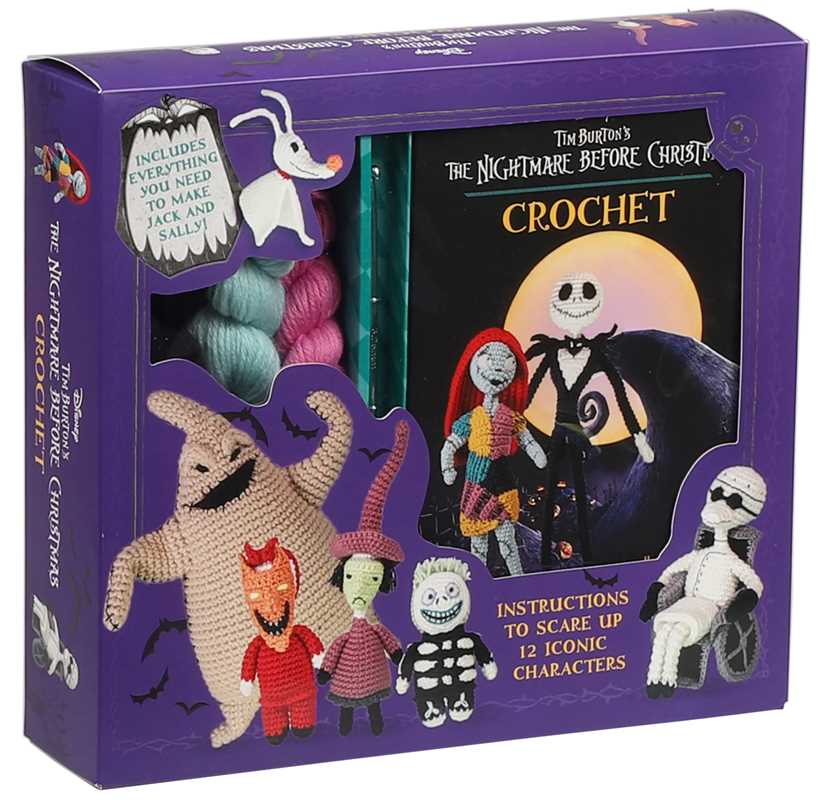 Crochet kit packaging for 'The Nightmare Before Christmas' with characters and yarn on a purple background