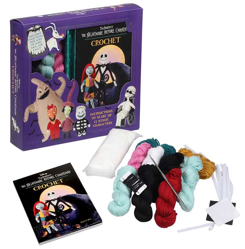 Crochet kit with yarn and book featuring 'The Nightmare Before Christmas' characters on a white background.