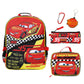 Backpack, pencil case, carabiner, and keychain set with Lightning McQueen design on a white background