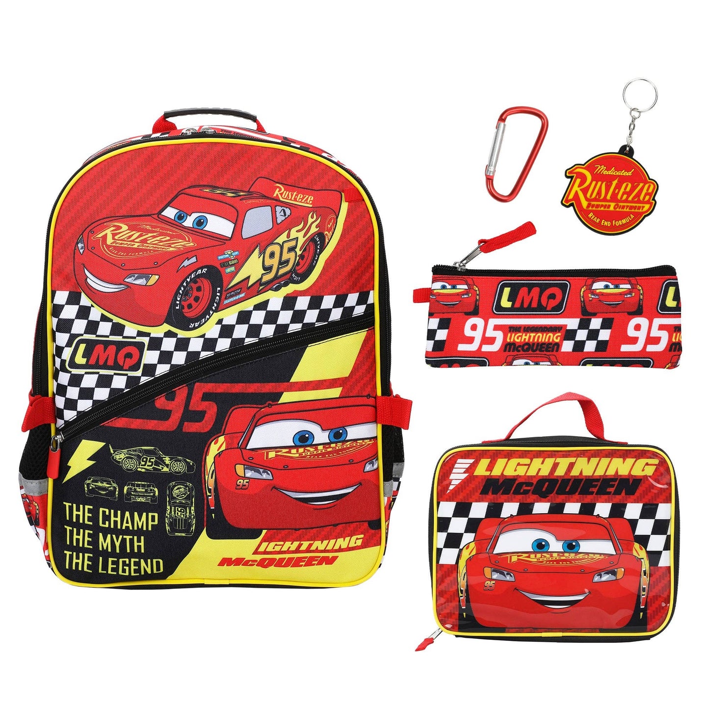 Backpack, pencil case, carabiner, and keychain set with Lightning McQueen design on a white background