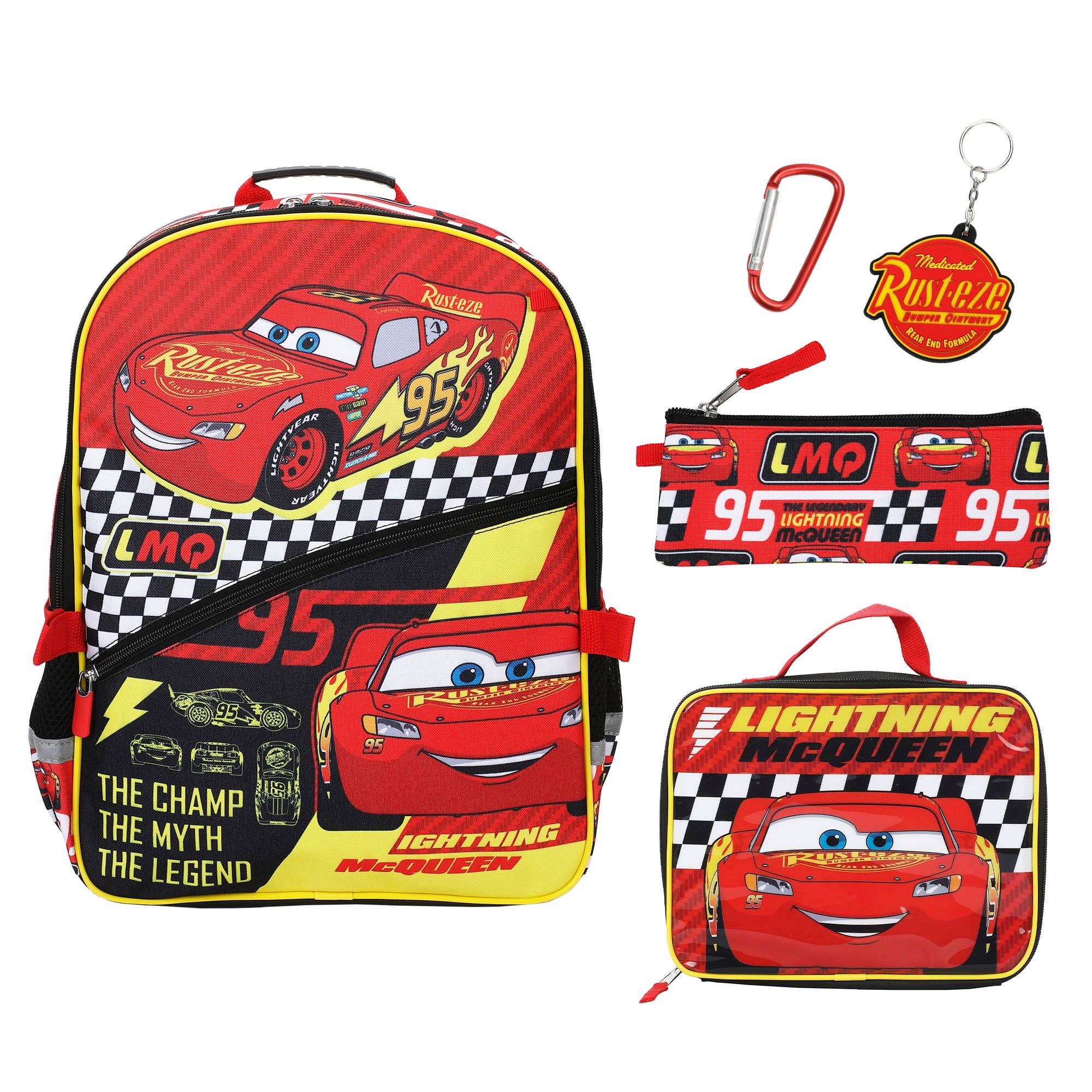 Backpack, pencil case, carabiner, and keychain set with Lightning McQueen design on a white background