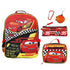 Backpack, pencil case, carabiner, and keychain set with Lightning McQueen design on a white background