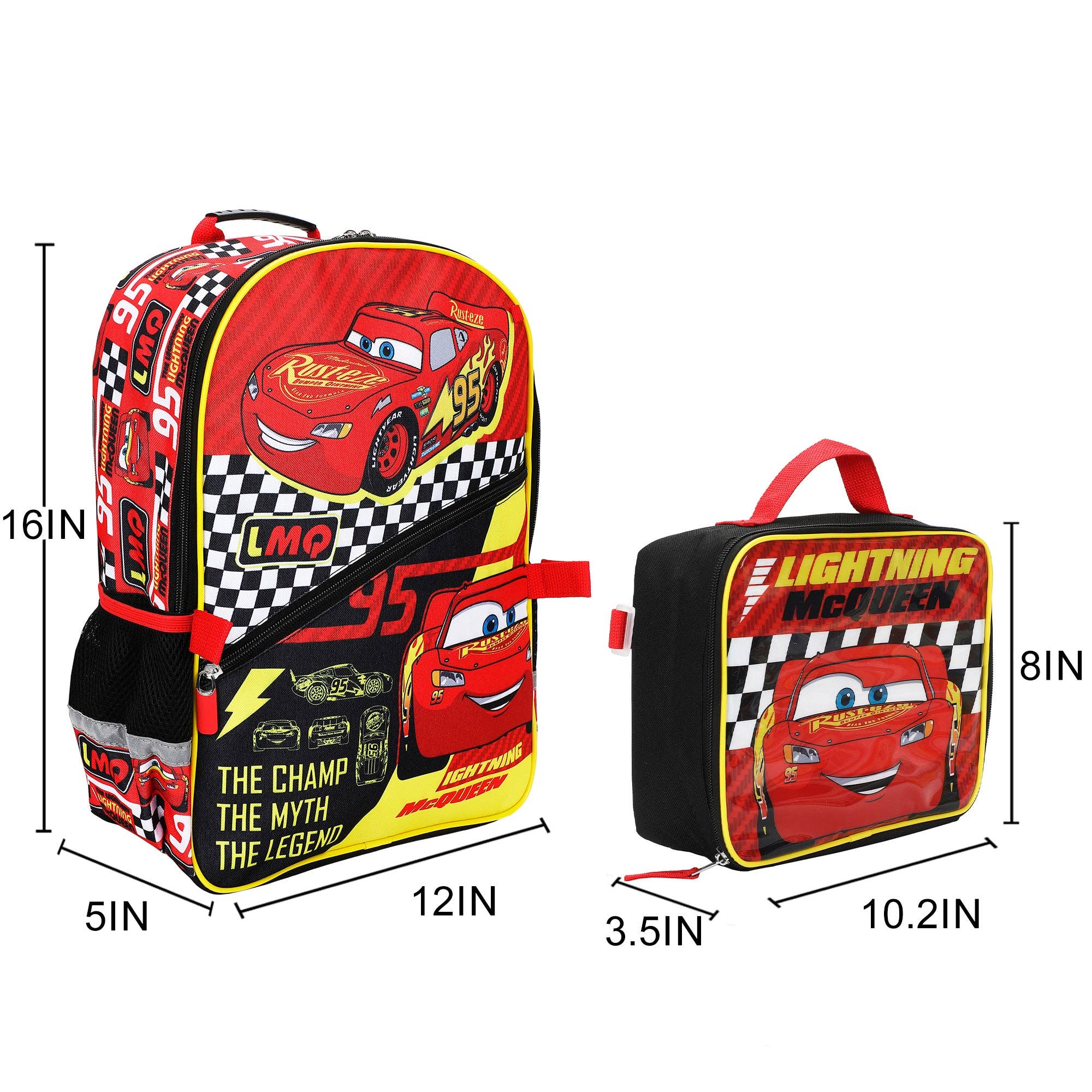 Backpack and lunch bag with Lightning McQueen design and measurements on a white background