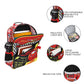Backpack with cartoon character design, featuring expandable mesh bottle sleeves, insulated lunch box, large zip-closure front pocket, and reflective tape.
