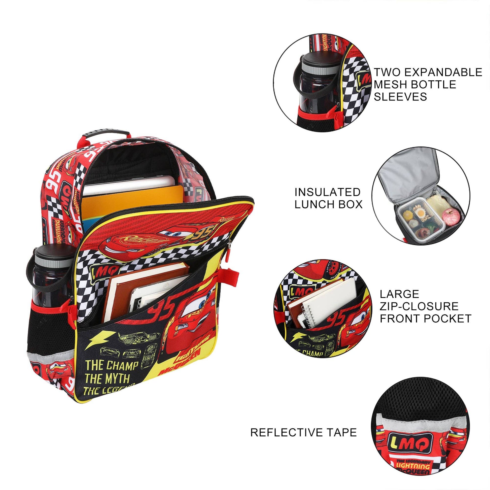 Backpack with cartoon character design, featuring expandable mesh bottle sleeves, insulated lunch box, large zip-closure front pocket, and reflective tape.
