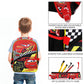Backpack with character design, features highlighted, and child wearing the backpack.