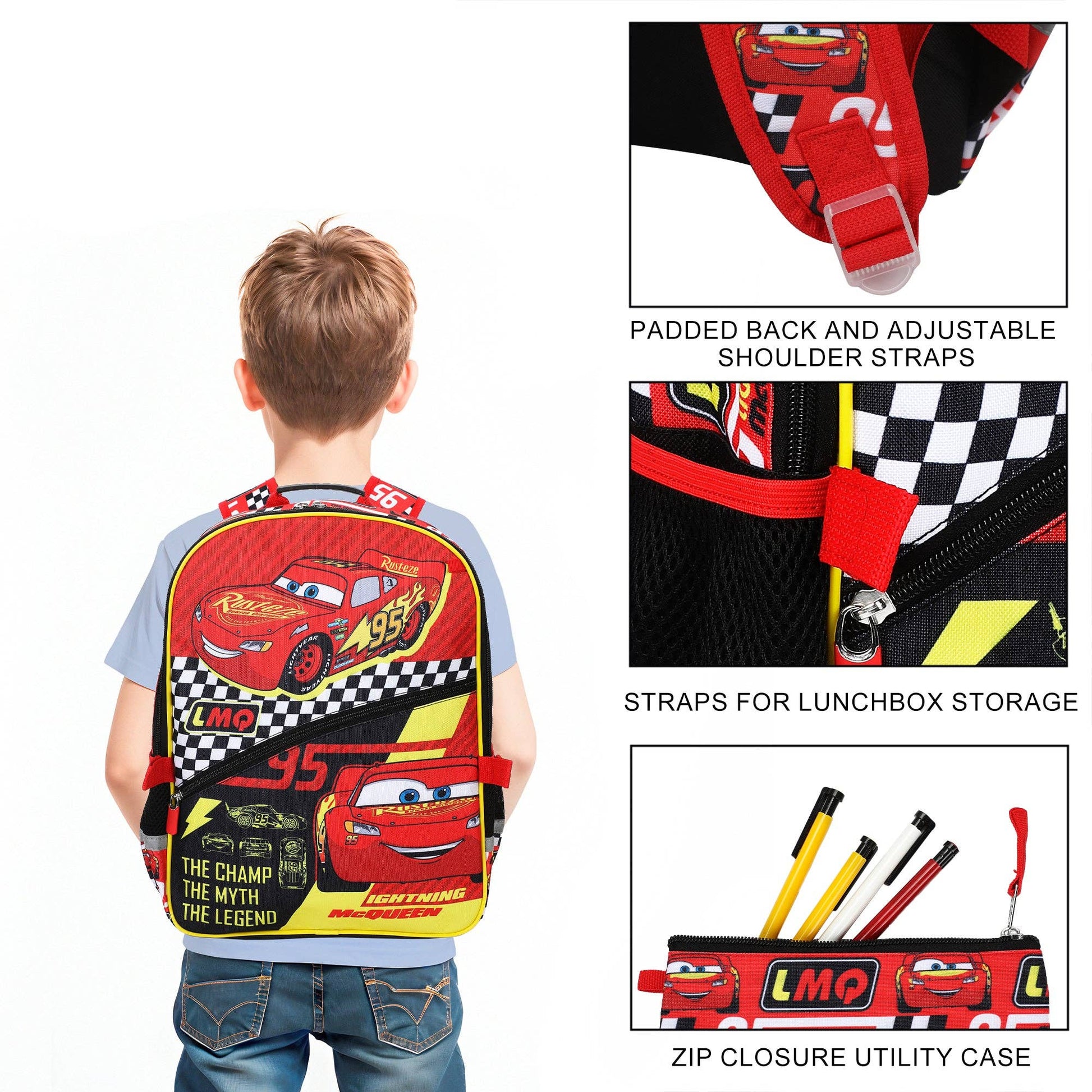 Backpack with character design, features highlighted, and child wearing the backpack.