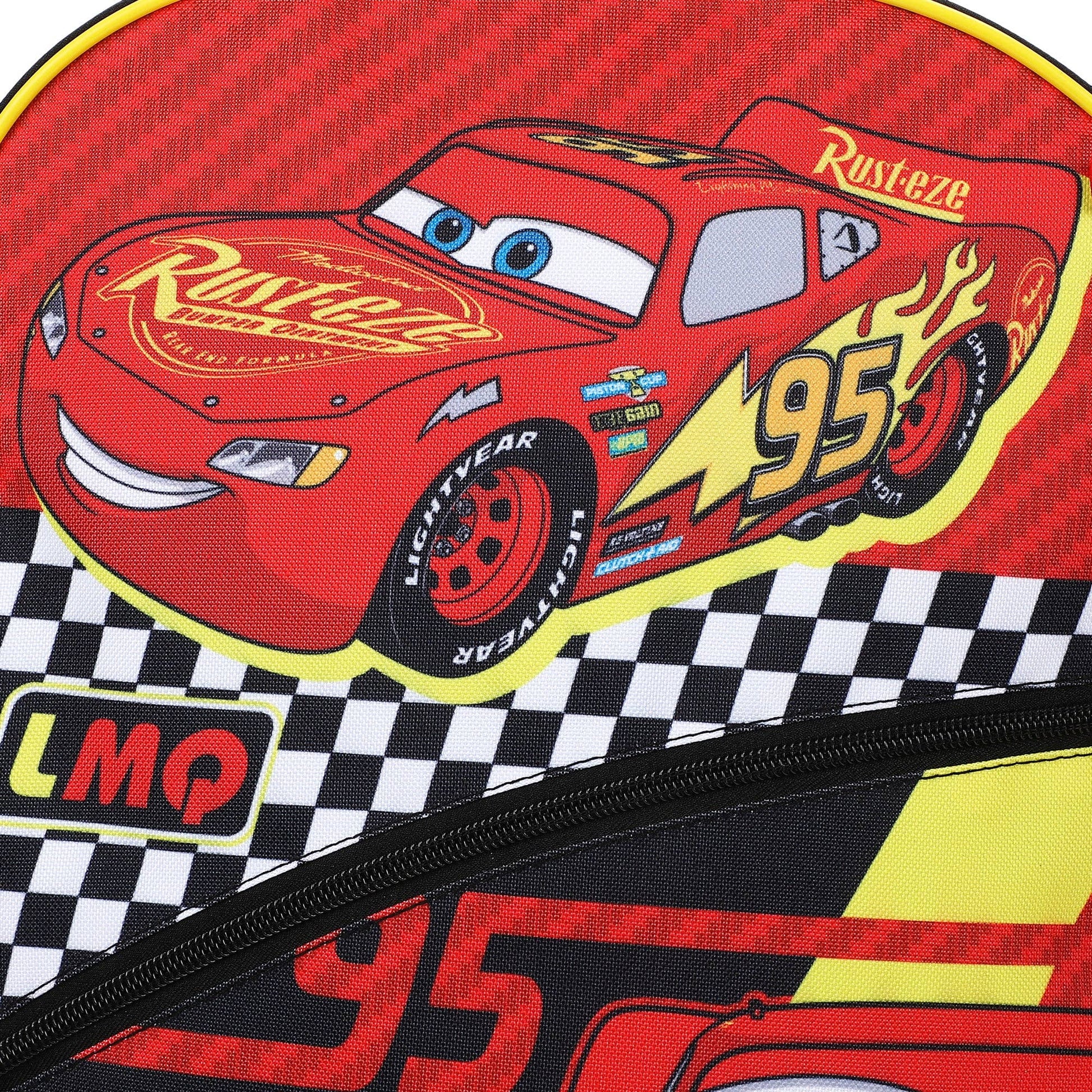 Red car-shaped bag with checkered pattern and visible branding