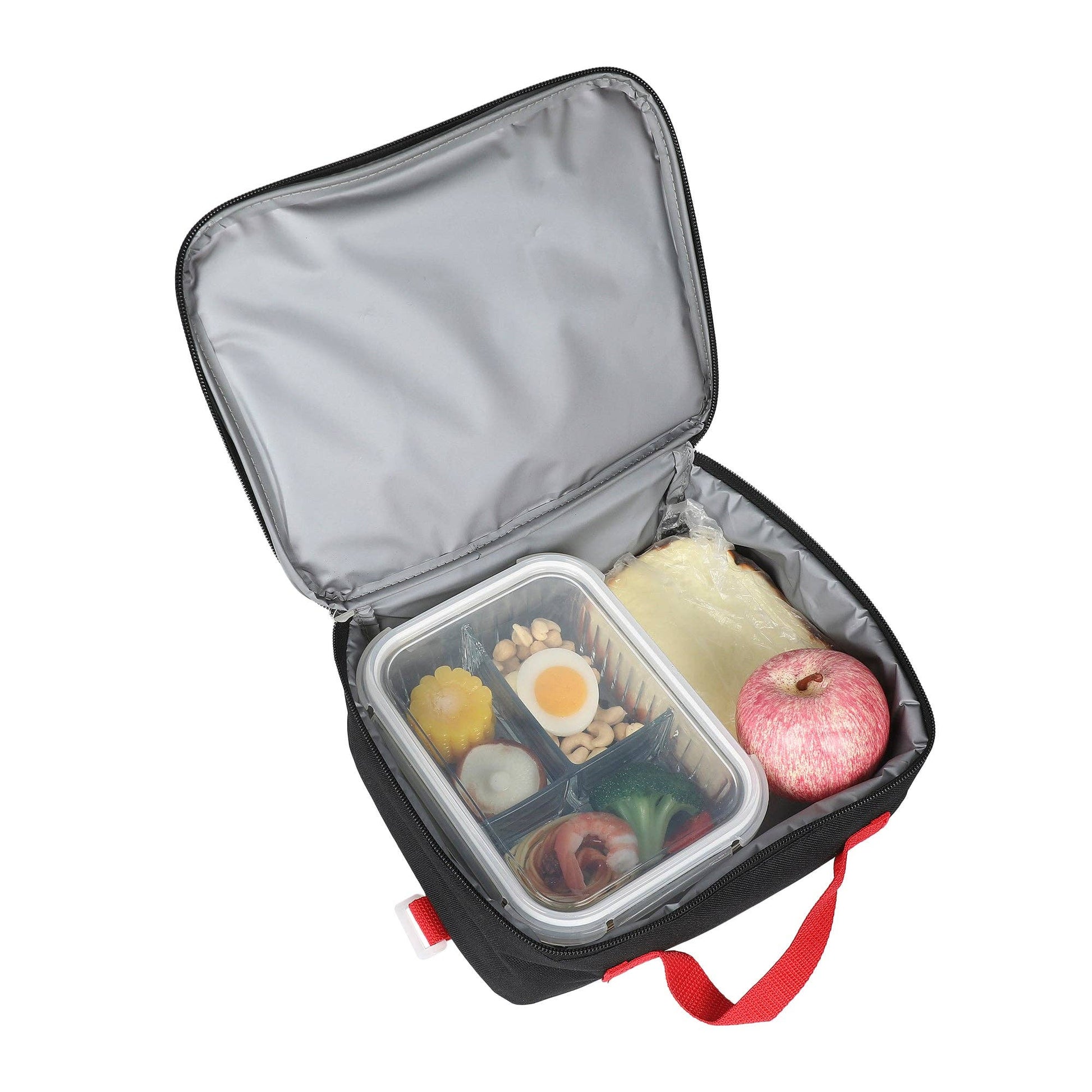 Lunch bag with compartments containing food items on a white background