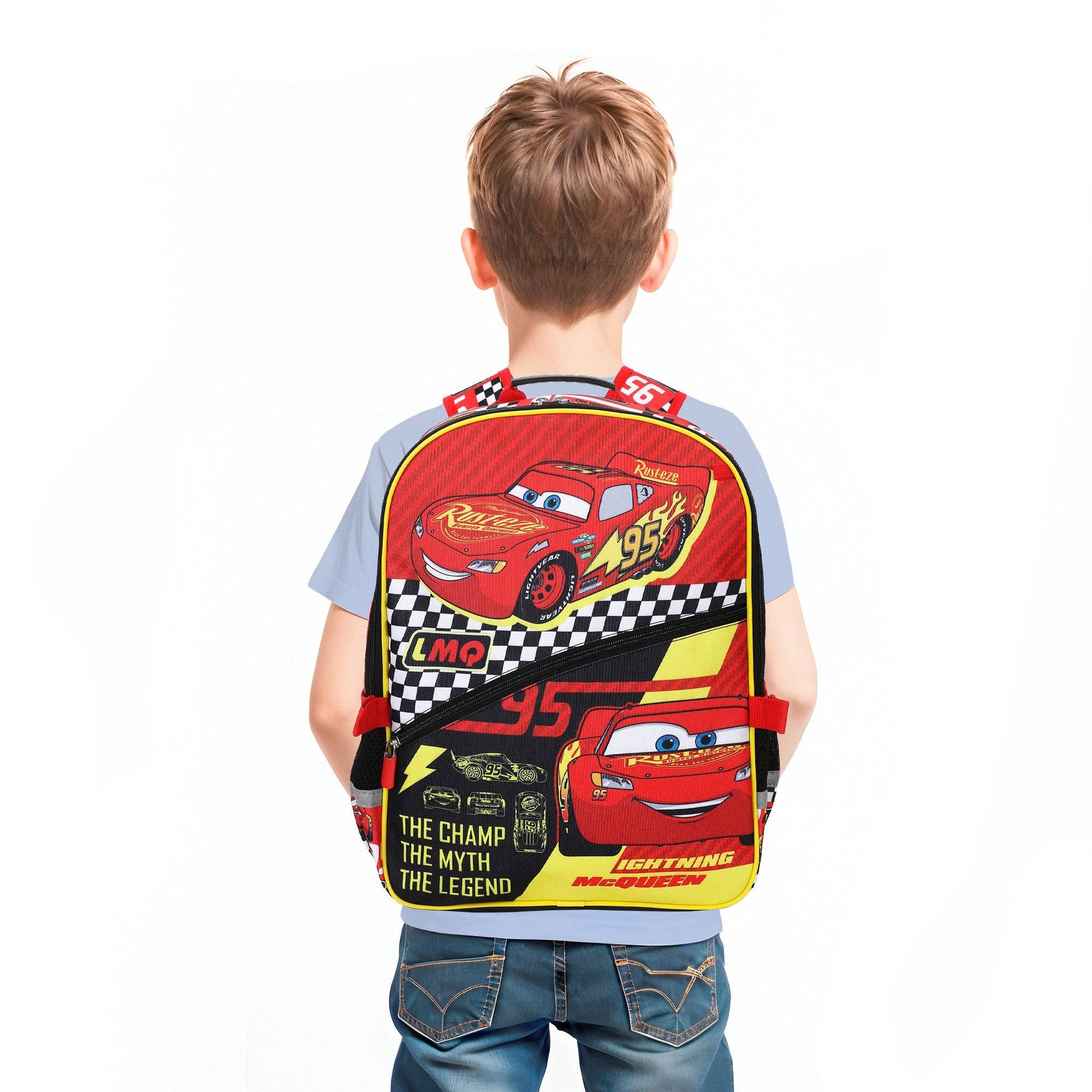 Child wearing a backpack with a cartoon character design on a white background