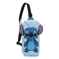 Blue cartoon character bag with a black strap on a white background