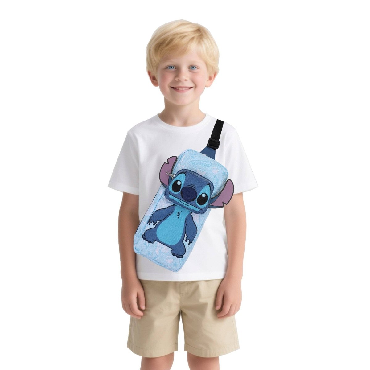 Child wearing a white t-shirt with a cartoon character design on a white background