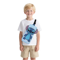 Child wearing a white t-shirt with a cartoon character design on a white background