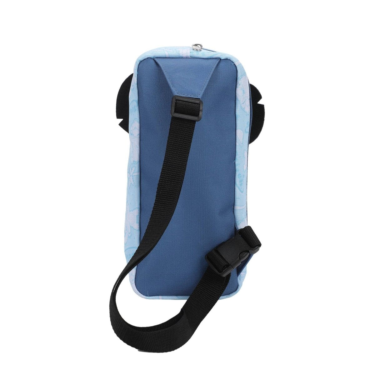 Blue crossbody bag with a black strap on a white background