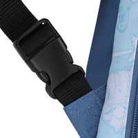 Close-up of a blue strap with a black buckle on a white background