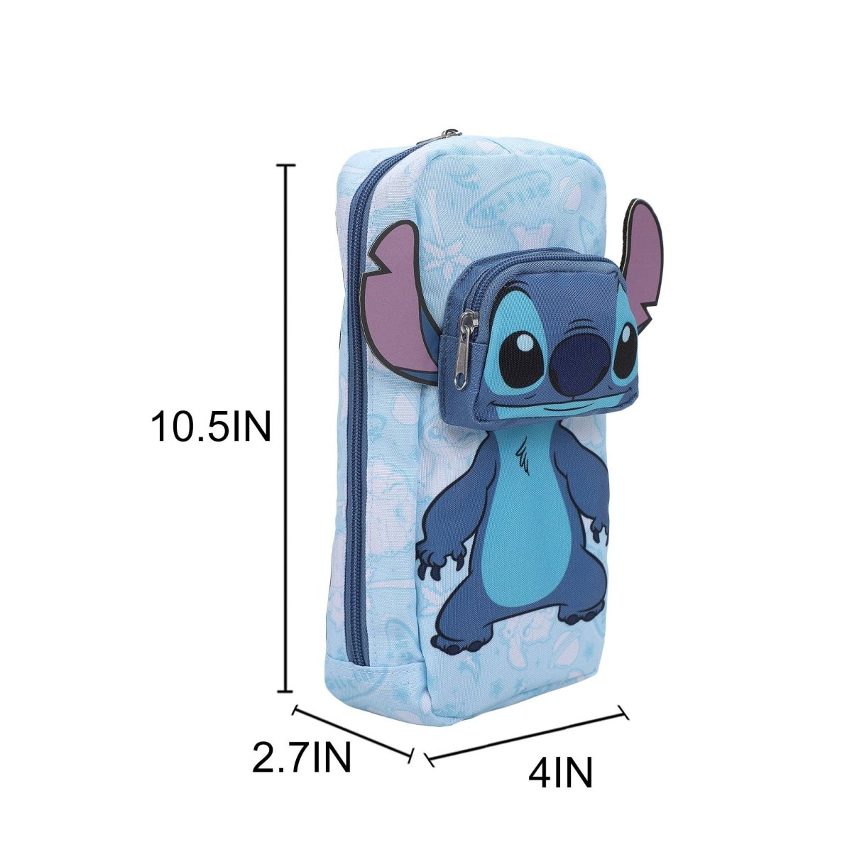 Pencil case with cartoon character dimensions shown