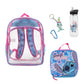 Set of school supplies including a clear backpack, lunch bag, keychain, and water bottle with cartoon character design.