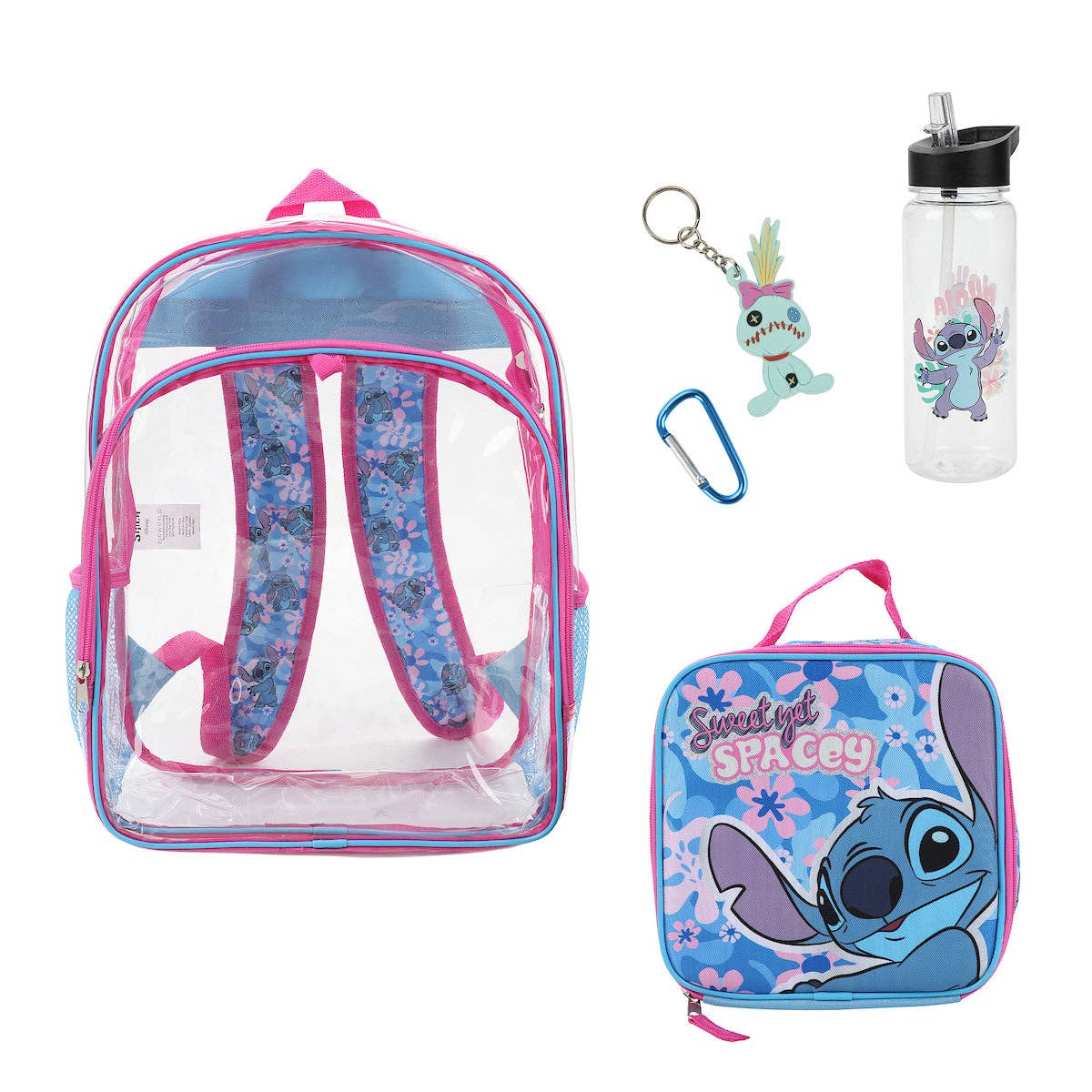 Set of school supplies including a clear backpack, lunch bag, keychain, and water bottle with cartoon character design.