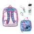 Set of school supplies including a clear backpack, lunch bag, keychain, and water bottle with cartoon character design.