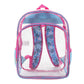 Clear backpack with pink and blue straps on a white background