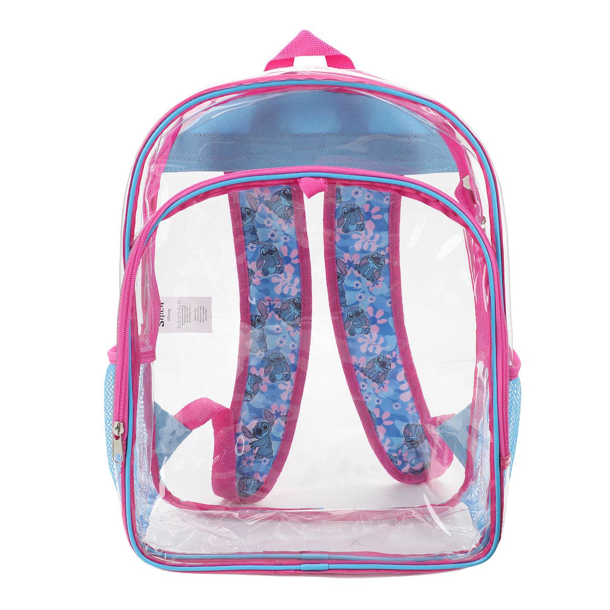 Clear backpack with pink and blue straps on a white background