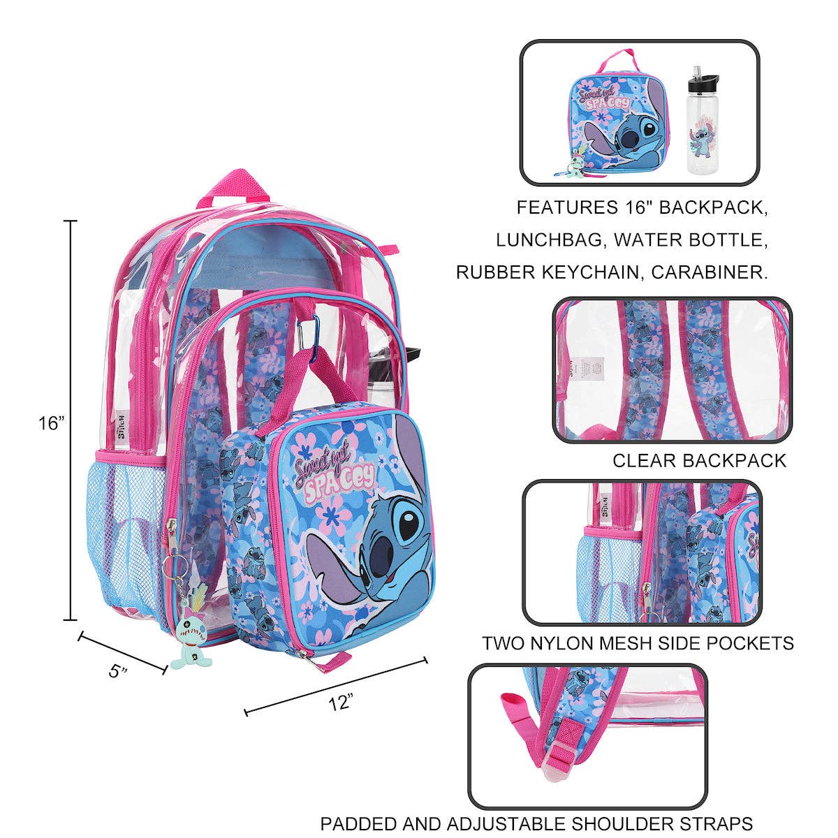 Backpack set with clear backpack, lunch bag, water bottle, keychain, and carabiner on a white background.