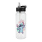 Clear water bottle with black lid featuring a cartoon character on a white background