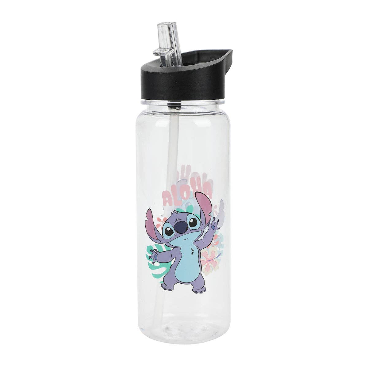 Clear water bottle with black lid featuring a cartoon character on a white background
