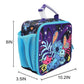  insulated lunch bag with cartoon character design and measurements on a white background