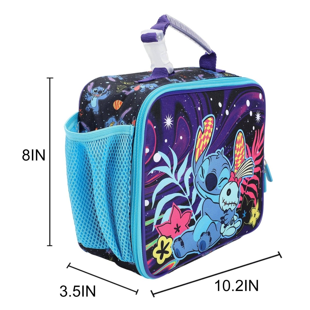 insulated lunch bag with cartoon character design and measurements on a white background