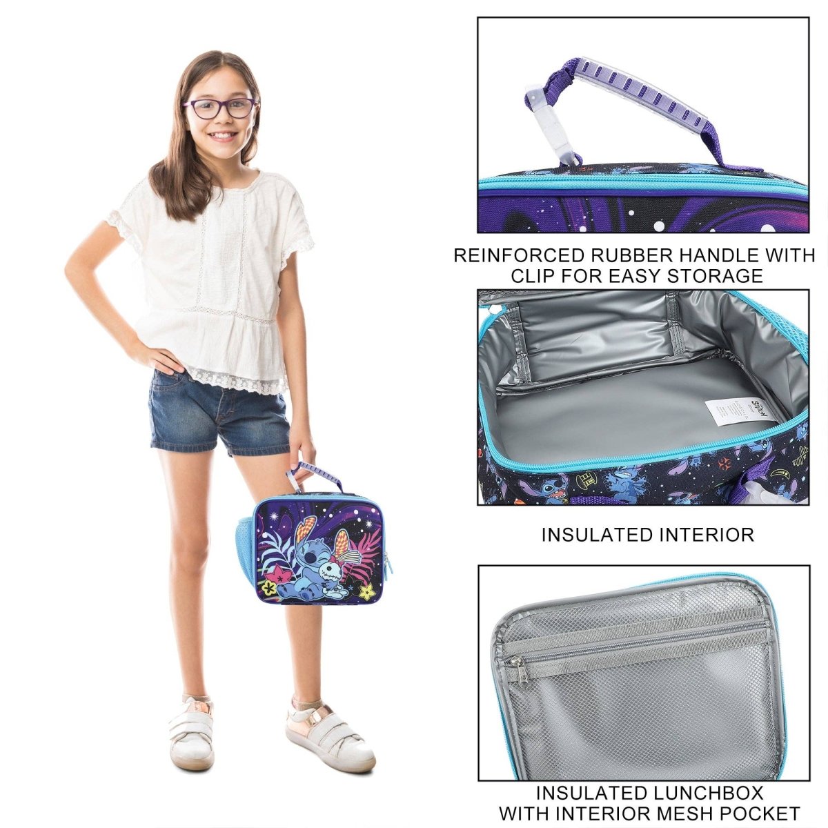 Girl holding a lunchbox with features highlighted on a white background