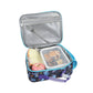 Insulated lunch bag with food items on a white background