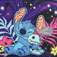 Cartoon character holding a small creature with colorful floral and starry background