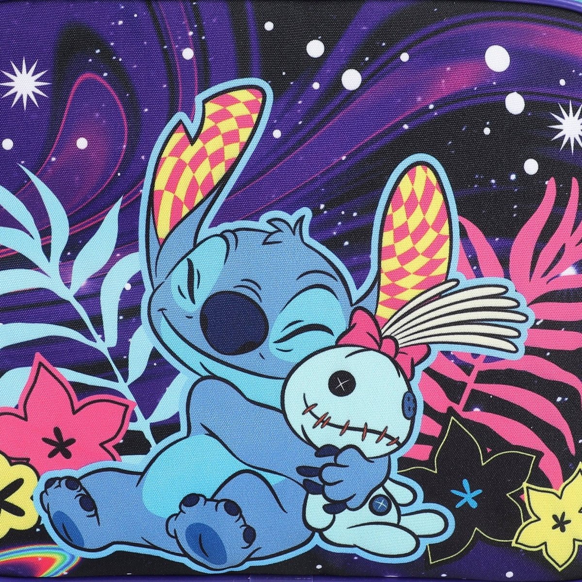 Cartoon character holding a small creature with colorful floral and starry background