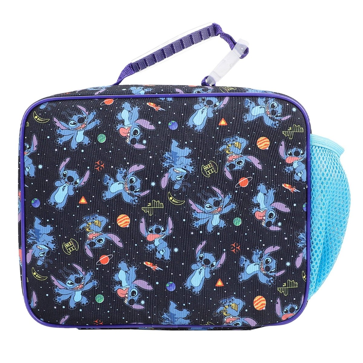 Insulated lunch bag with cartoon character pattern on a white background