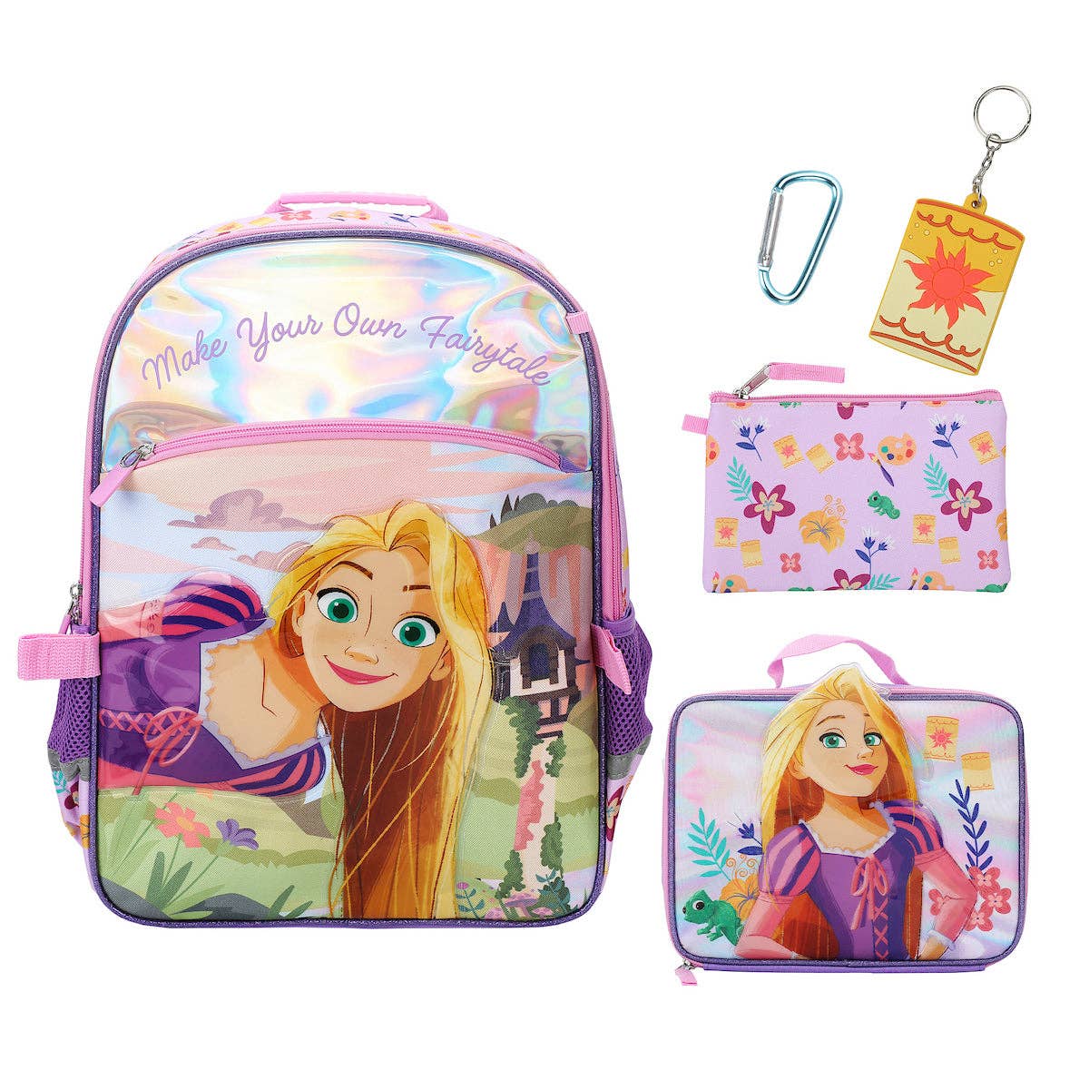 Backpack, pouch, and keychain set with Rapunzel design on a white background
