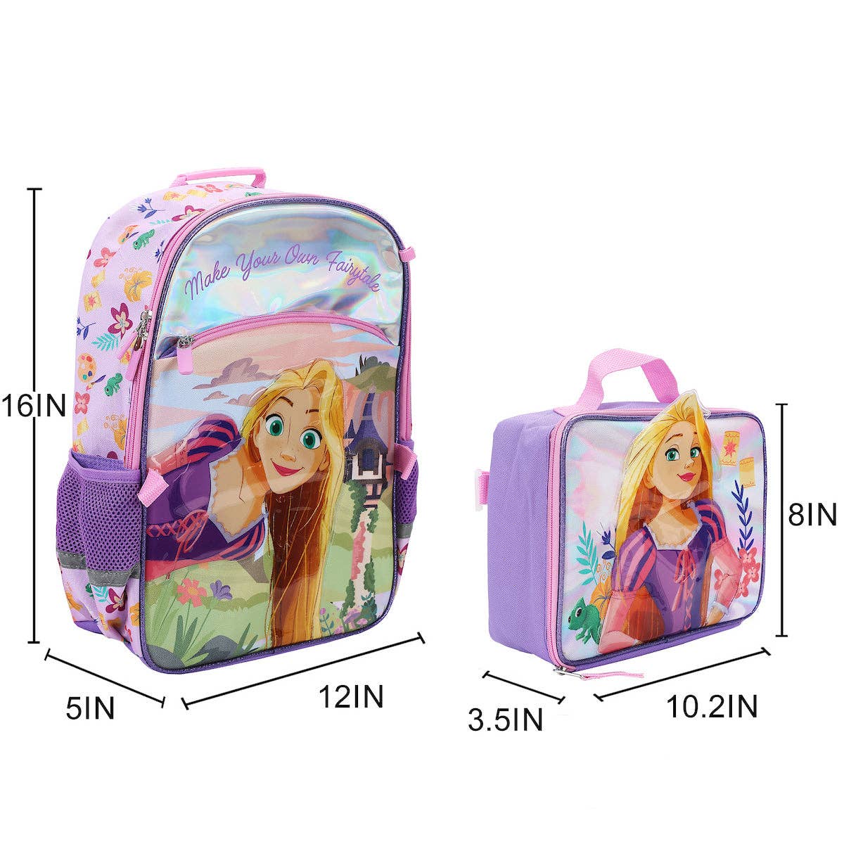 Backpack and lunch bag with princess design and measurements on a white background
