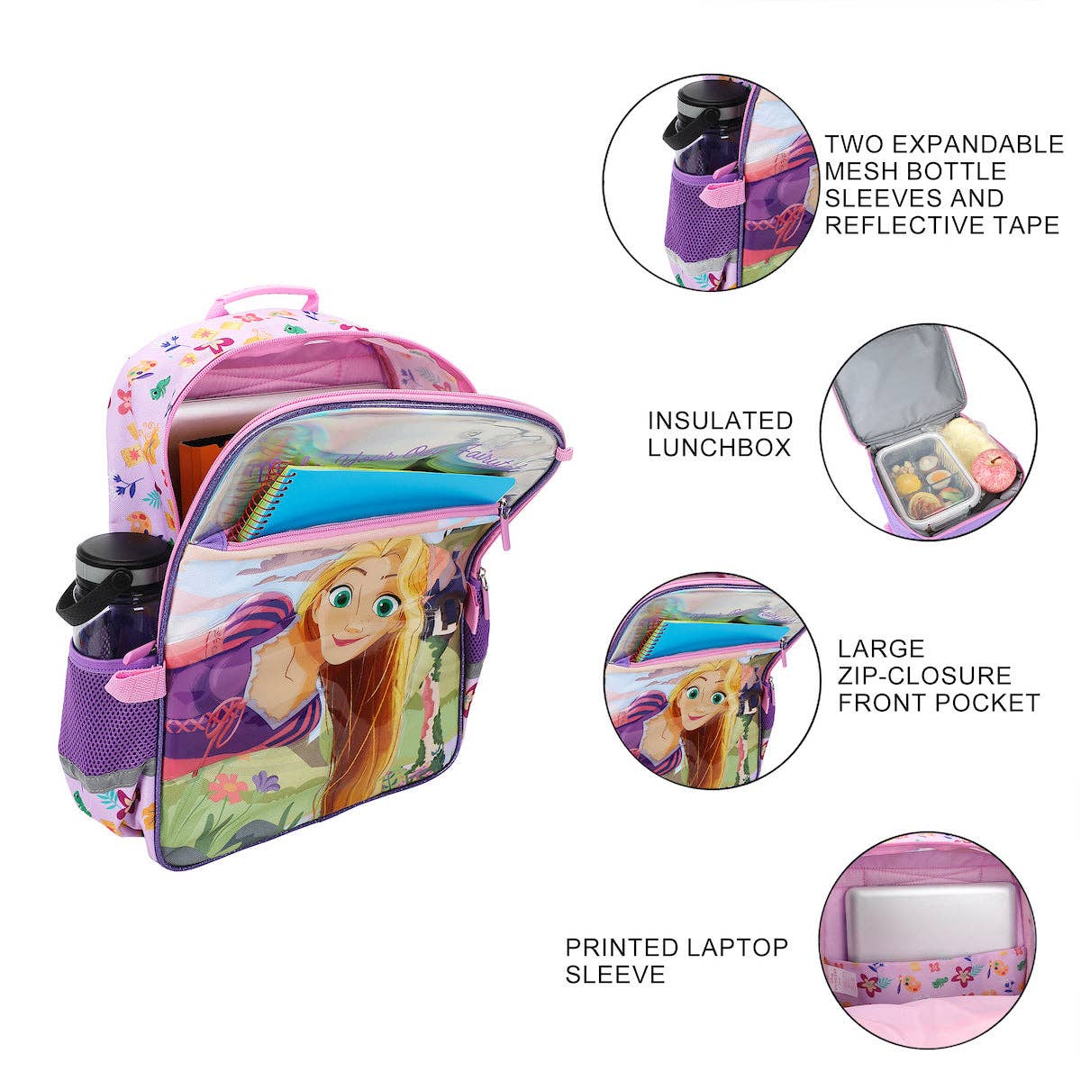 Backpack with Disney Princess design, featuring expandable bottle sleeves, insulated lunchbox, and more.