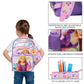 Child wearing a Rapunzel backpack with features highlighted on a white background