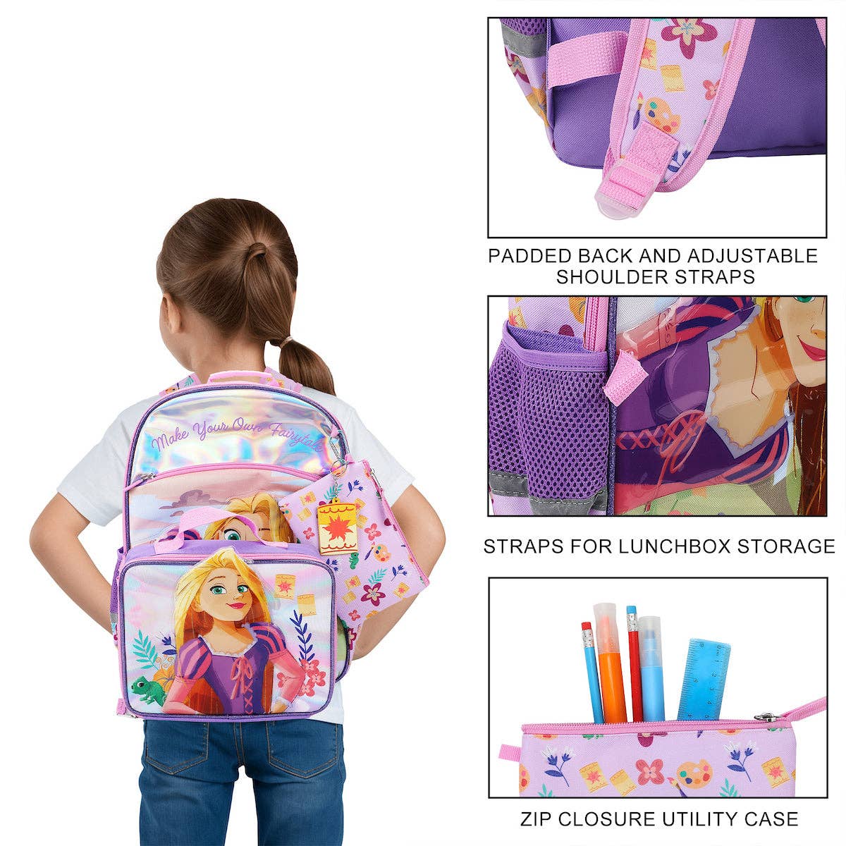 Child wearing a Rapunzel backpack with features highlighted on a white background