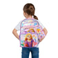 Child wearing a Disney Princess backpack with Rapunzel design on a white background