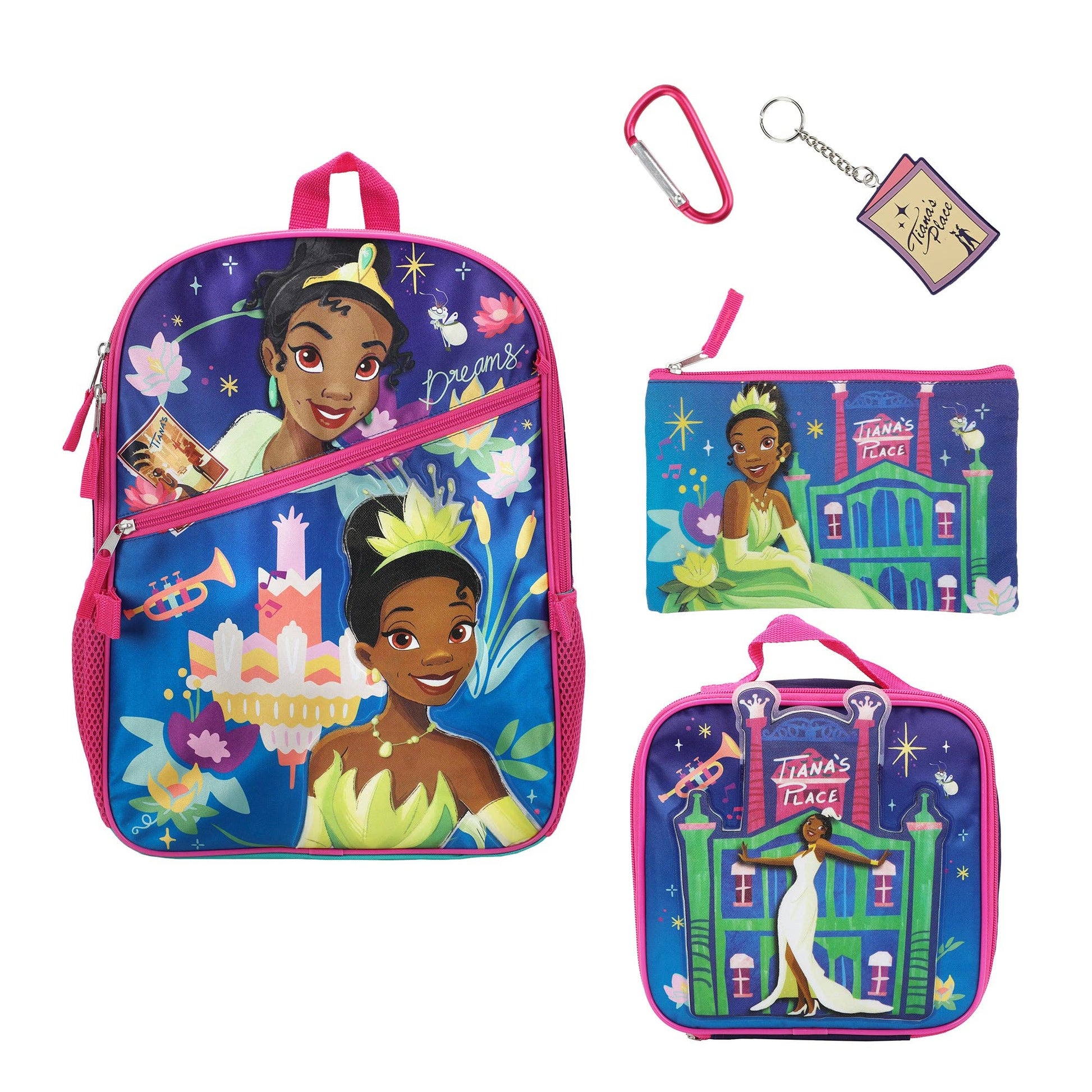 Backpack, pouch, and keychain set with Disney Princess design on a white background