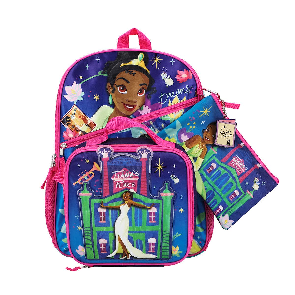 Backpack, lunch bag, and pouch set with Princess Tiana design on a white background