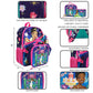 Backpack set with side pattern, dimensions, and features on a white background