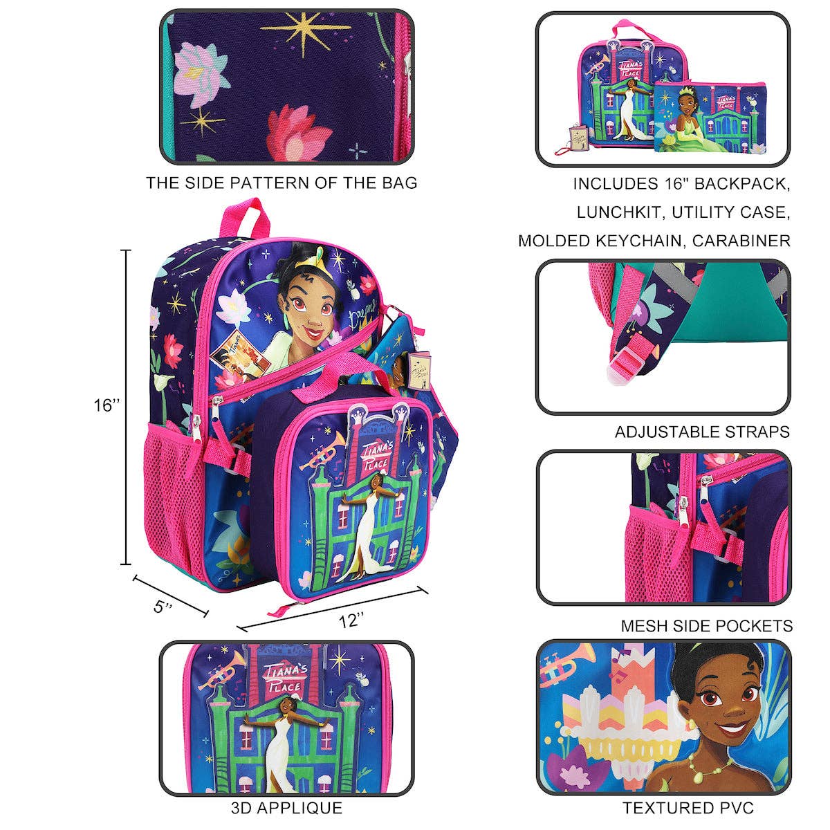 Backpack set with side pattern, dimensions, and features on a white background