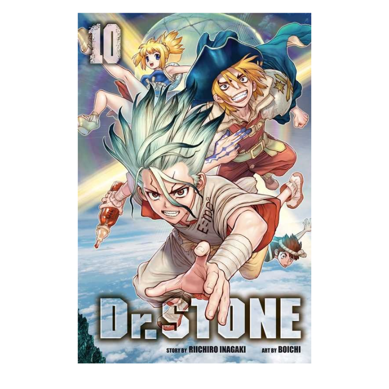 Front cover of the manga volume 10 of Dr. Stone, featuring the main characters flying through the sky with the title 'Dr.
